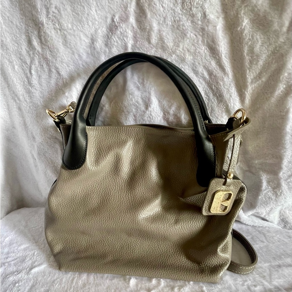 Valentina Taupe and Black Leather Tote Bag with Gold Accent EUC